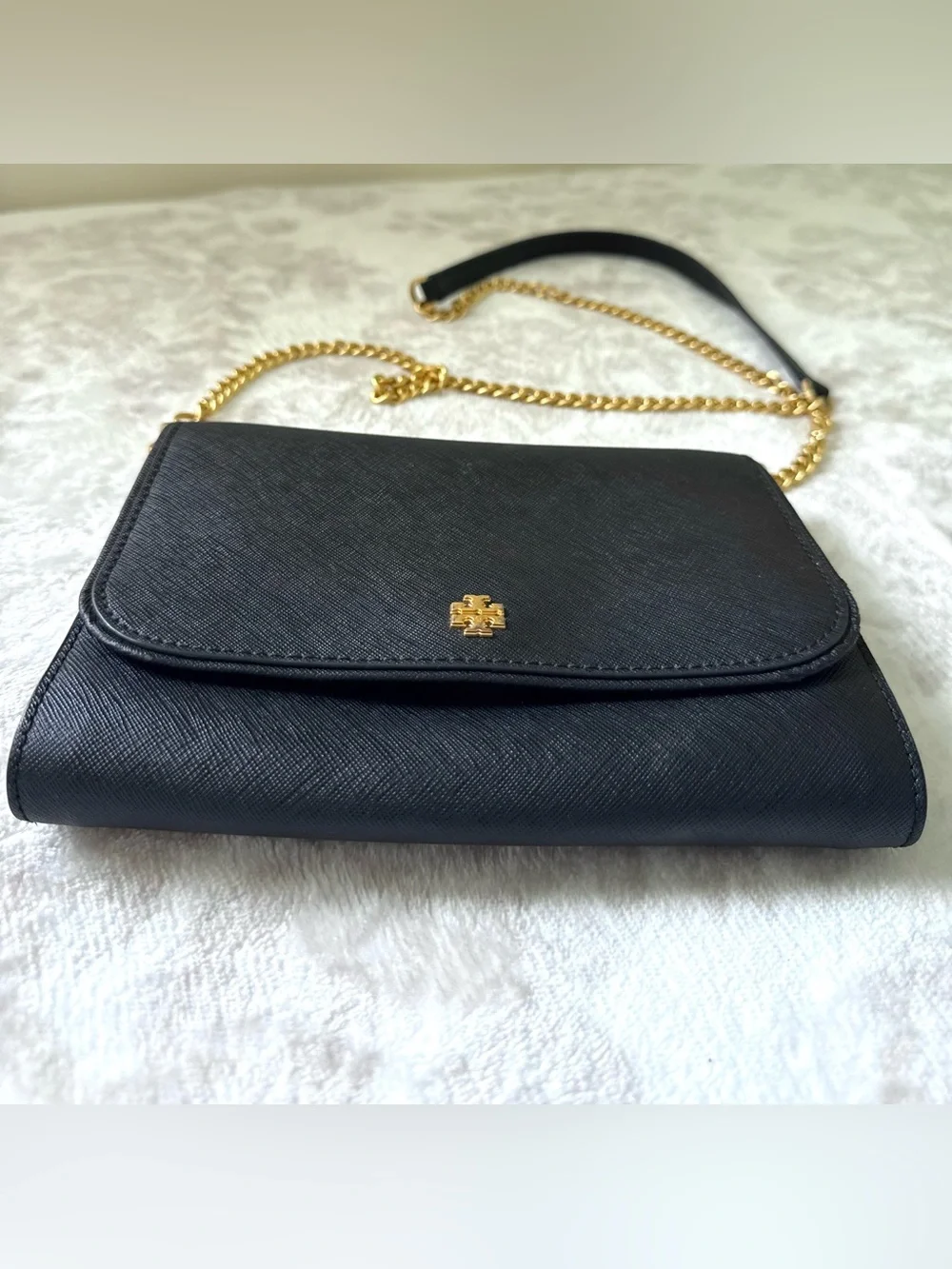 Tory Burch Emerson Chain Wallet Saffiano Leather Crossbody Bag - Black